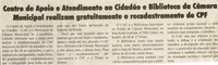 Centro de Apoio e Atendimento ao Cidadão e Biblioteca da Câmara Municipal realizam gratuitamente o recadastramento do CPF. Jornal Baruc, Congonhas, 01 set. 2007, 168ª ed., p. 14