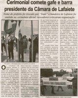 Cerimonial comete gafe e barra presidente da Câmara de Lafaiete: nome do prefeito foi trocado por "Ivair" e bandeira de Lafaiete foi omitida na cerimônia oficial; vereadores critic. ... . Correio de Minas, Conselheiro Lafaiete, 18 mai. 2013, p. 03.