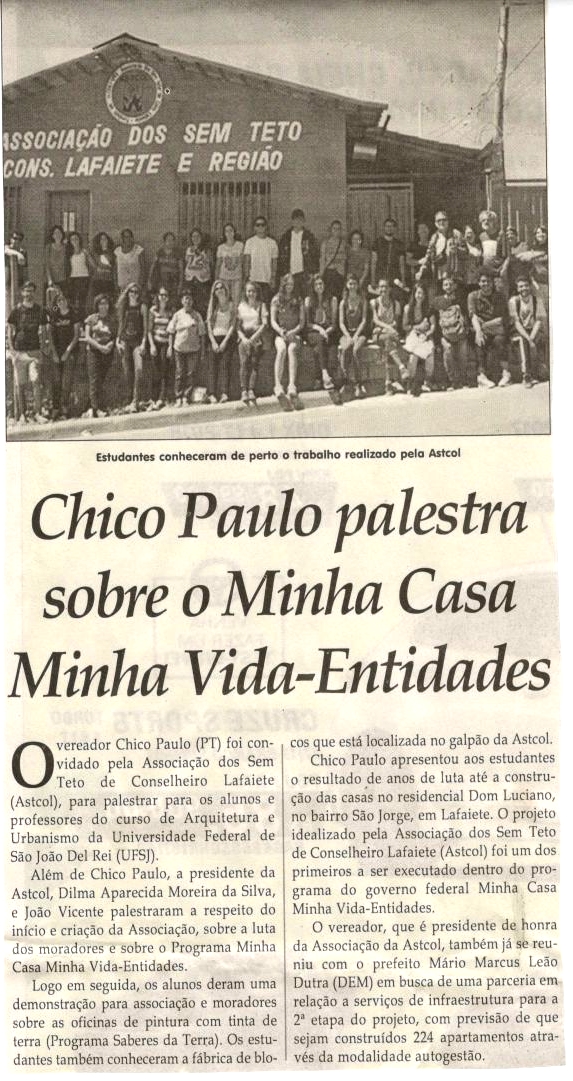 Chico Paulo palestra sobre a Minha Casa Minha Vida-Entidades. Jornal Correio da Cidade, Conselheiro Lafaiete, 16 set. 2017 a 22 set. 2017, 1387ª ed., Caderno Especial, p 19.