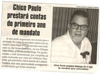 Chico Paulo prestará contas do primeiro ano de mandato. Jornal Correio da Cidade, Conselheiro Lafaiete, 02 dez. 2017 a 08 dez. 2017, 1398ª ed., Caderno Política, p 04.