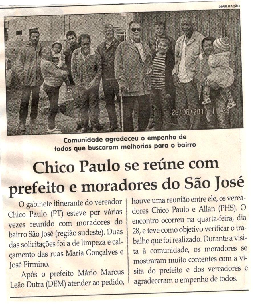 Chico Paulo se reúne com prefeito e moradores do São José. Jornal Correio da Cidade, Conselheiro Lafaiete, 01 jul. 2017 a 07 jul. 2017, 1376ª ed., Caderno Política,p.6