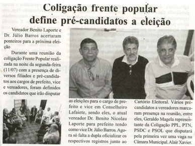 Coligação frente popular define pré-candidatos a eleição. Jornal Expressão Regional, Conselheiro Lafaiete, 15 a 22 jul. 2016, 439ª X ed., p. 3. 