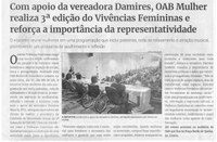 Com apoio da vereadora Damires, OAB Mulher realiza 3ª edição do Vivências Femininas e reforça a importância da representatividade. Jornal Correio da Cidade, Conselheiro Lafaiete, 28 mar. a 03 abr. 2026, 1820ª ed., Política, p. 4.