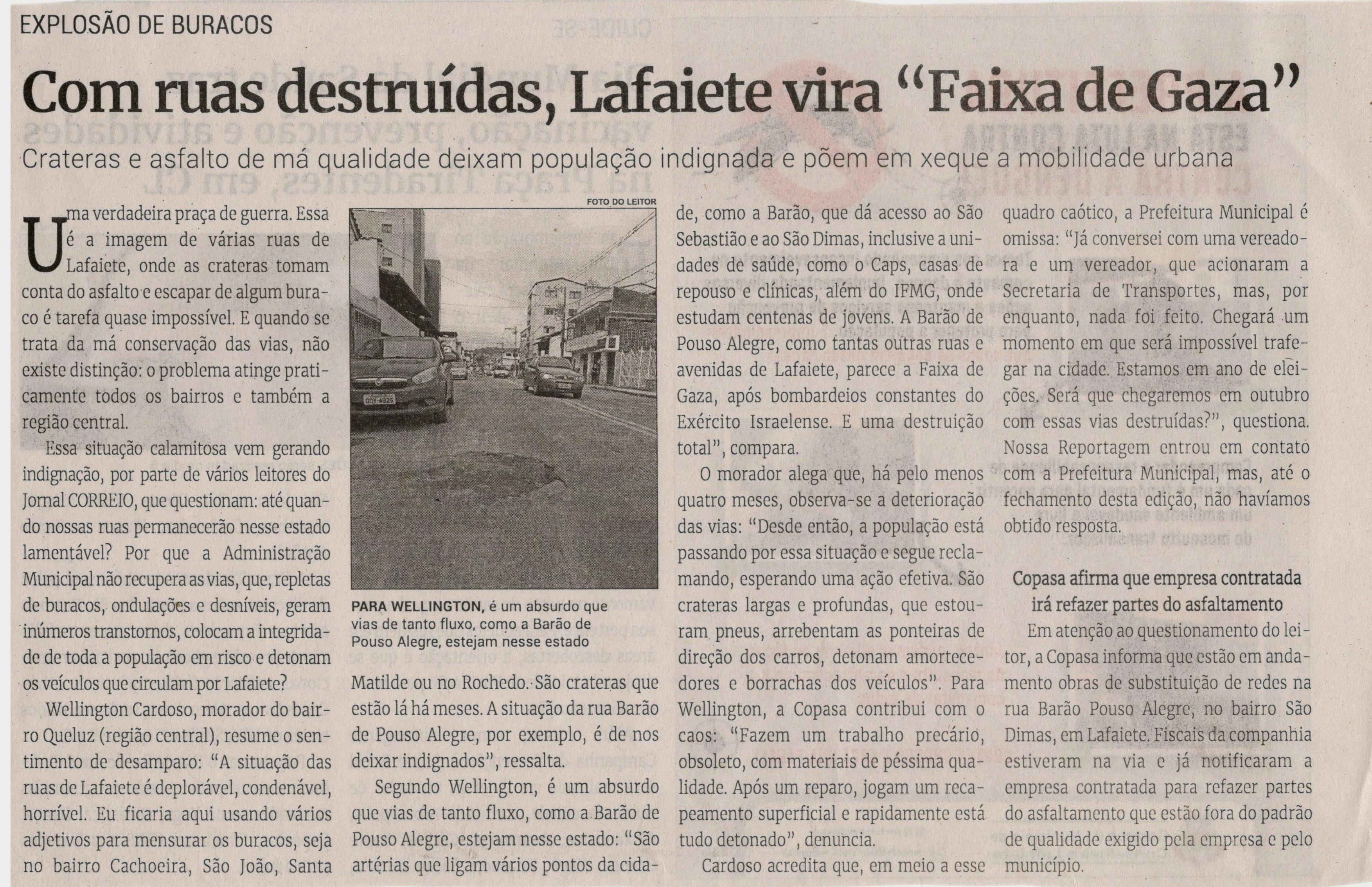 Com ruas destruídas, Lafaiete vira “Faixa de Gaza”. Jornal Correio da Cidade, Conselheiro Lafaiete de 06 a 12 de abr. de 2024, 1725ª ed., Comunidade, p. 09.
