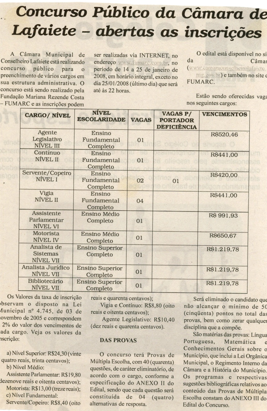 Concurso Público da Câmara de Lafaiete - abertas as inscrições. Jornal Nova Gazeta, Conselheiro Lafaiete, 12 jan. 2008, 496ª ed., p. 15.