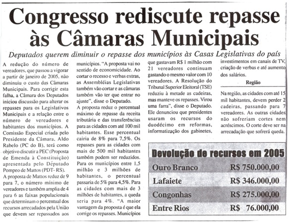 Congresso rediscute repasse às Câmaras Municipais deputados querem diminuir o repasse dos municípios às Casas Legislativas do país. Correo de Minas, 09 mar. 2006, 131ª ed. p. 03.