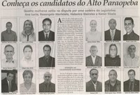 Conheça os candidatos do Alto Paraopeba: quatro mulheres estão na disputa por uma cadeira no Legislativo: Ana Lúcia, Rosangela Marteleto, Elenice Meireles e Karen Gisele. Jornal Correio da Cidade, Conselheiro Lafaiete, 26 jul. 2014, p. 4.
