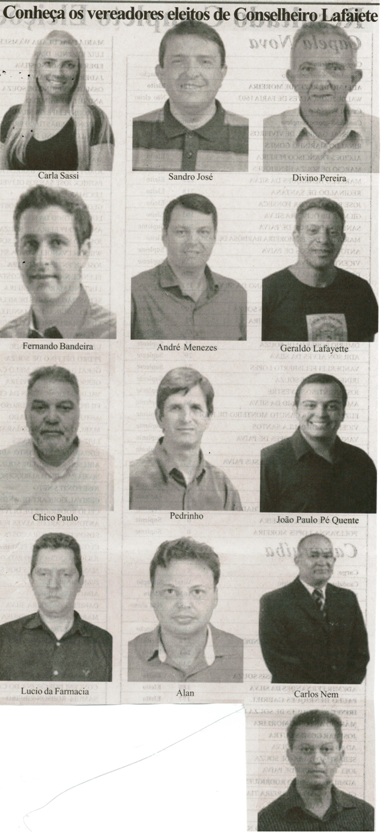 Conheça os vereadores eleitos de Conselheiro Lafaiete. Jornal Expressão Regional, Conselheiro Lafaiete, 15 a 21 out. 2016, 451 X ed., p. 5.