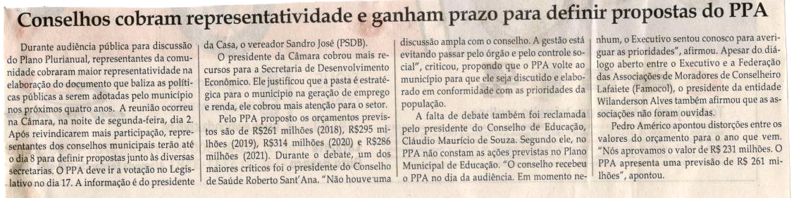 Conselhos cobram representatividade e ganham prazo para definir propostas do PPA. Jornal Correio da Cidade, Conselheiro Lafaiete, 07 out. 2017 a 13 out. 2017, 1390ª ed., Caderno Política, p 4.