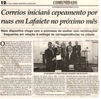 Correios iniciará cepeamento por ruas em Lafaiete no próximo mês. Jornal Correio da Cidade, Conselheiro Lafaiete, 24 mar. 2018 a 30 mar. 2018, 1414ª ed., Caderno Comunidade, p. 12. 