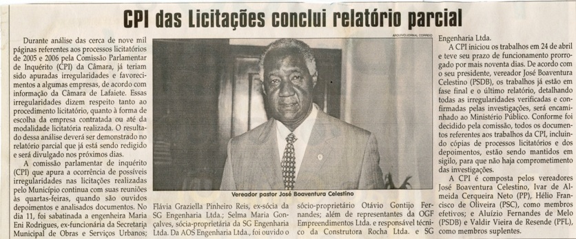 CPI das licitações conclui relatório parcial. Jornal Correio da Cidade, Conselheiro Lafaiete, 21 jul. 2007, 864ª ed., p. 04.