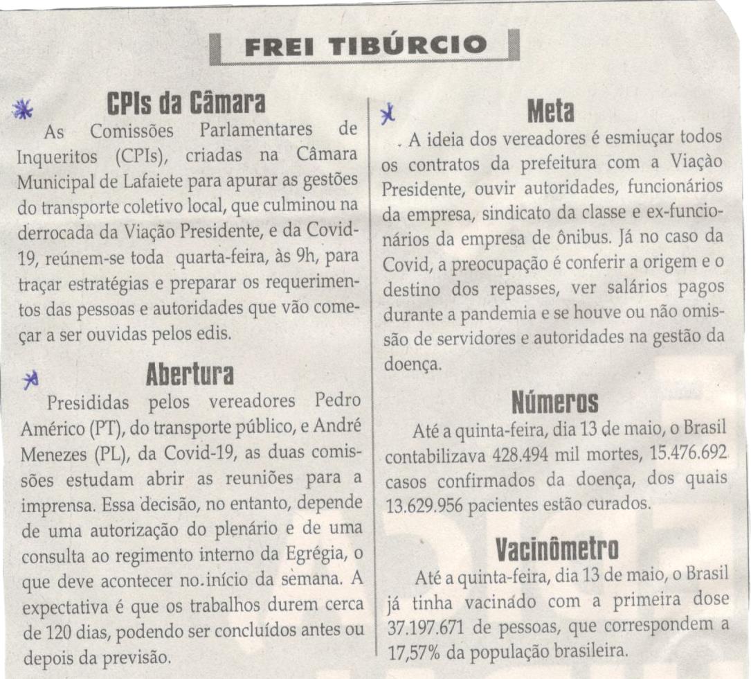 CPIs da Câmara. Jornal Correio da Cidade, 24 a 30 abril 2021, 1576ª ed., Caderno Opinião, Frei Tibúrcio, p. 8.