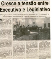 Cresce a tensão entre o Executivo e Legislativo: clima pré-eleitoral acirra "queda de braço"; trabalho ds CPI terão mais 90 dias e Câmara rejeita pedido de Título de cidadania ... . Correio de Minas, Conselheiro lafaiete, 07 jul. de 2007, 163ª ed., p. 03.