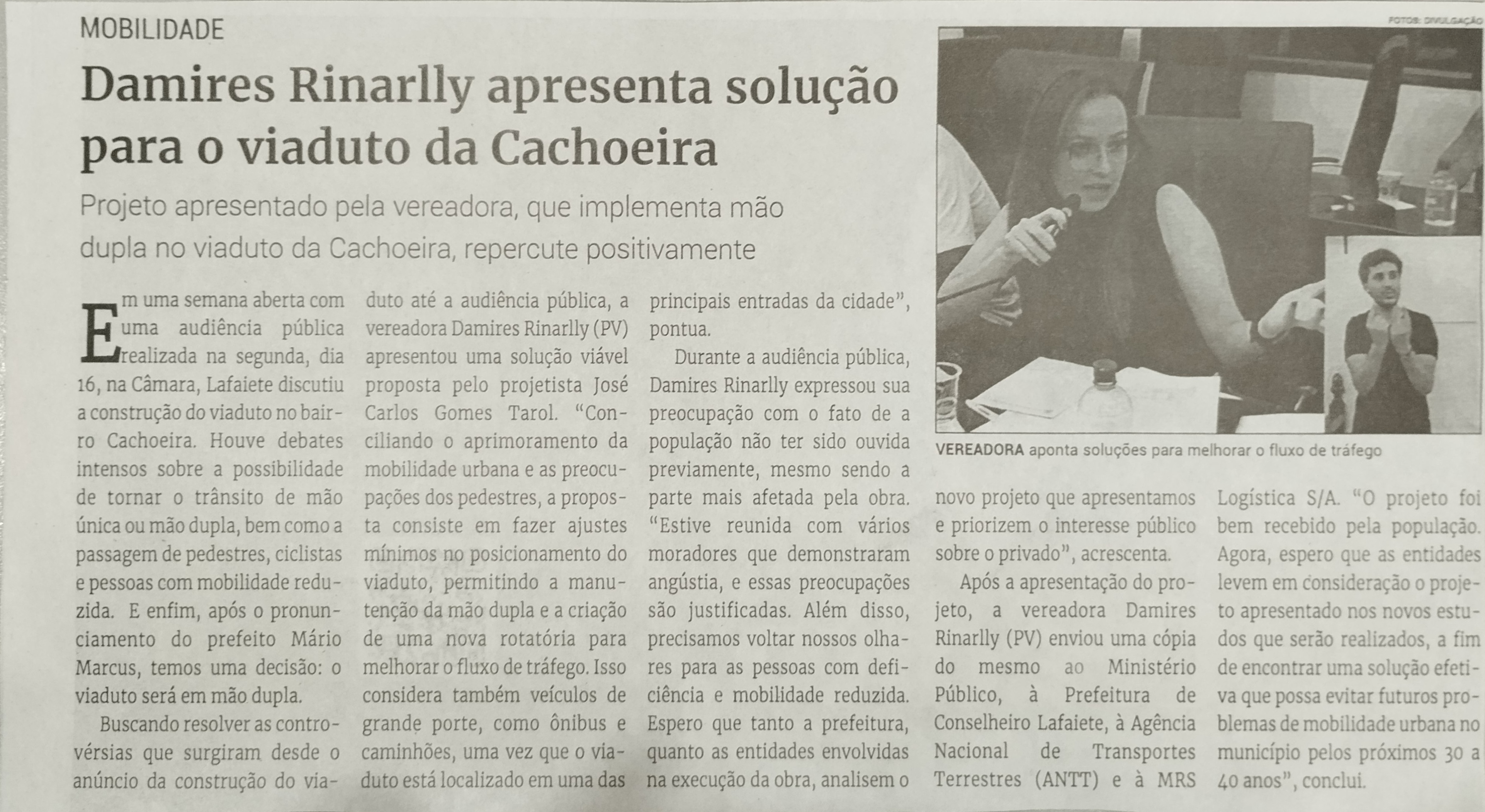 Damires Rinarlly apresenta solução para o viaduto da Cachoeira. Jornal Correio da Cidade, Conselheiro Lafaiete de 28 a 03 de nov. de 2023, 1703ª ed., Política, p. 04.