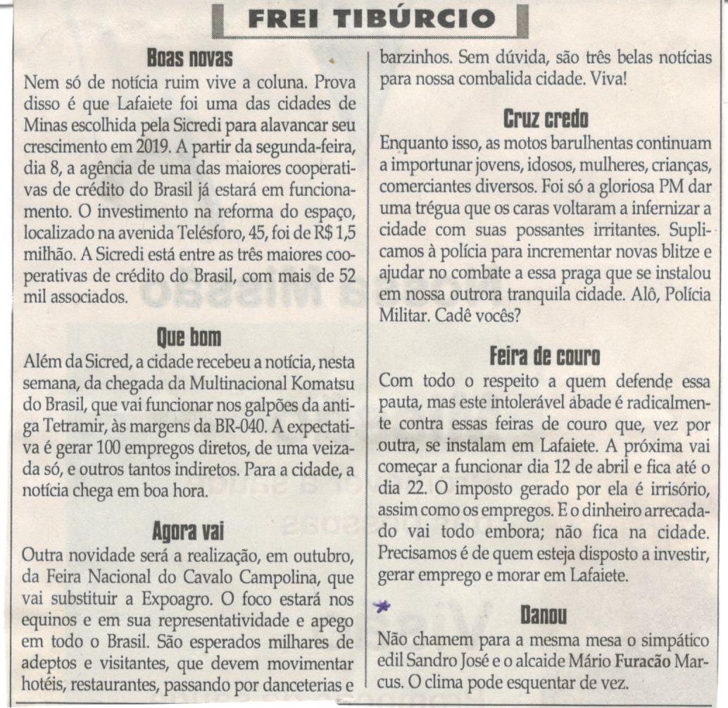 Danou. Jornal Correio da Cidade, 06 abr. 2019 a 12 abr. 2019. 1468ª ed., Caderno Opinião: Frei Tibúrcio, p. 8.
