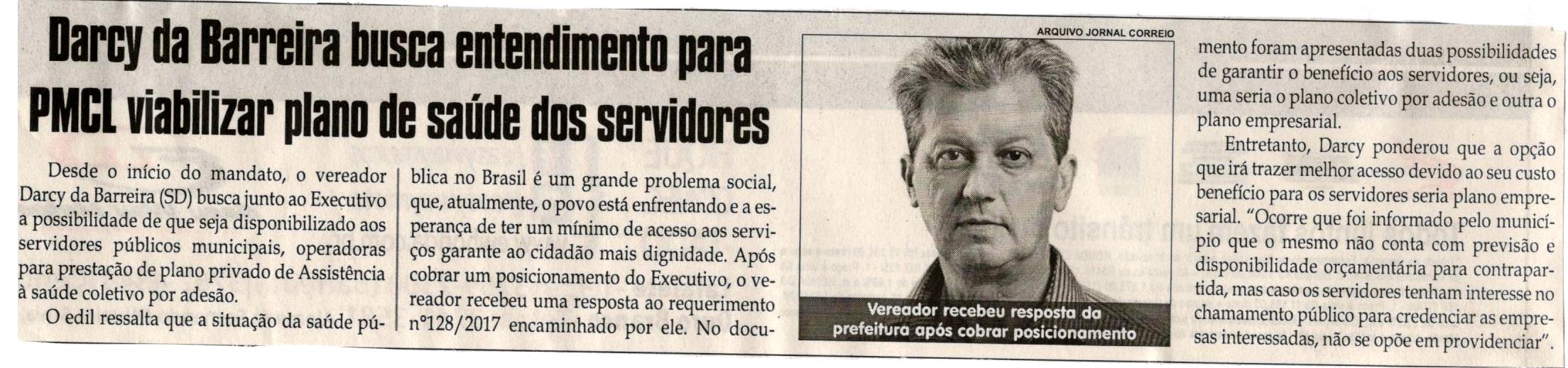 Darcy da Barreira busca entendimento para PMCL viabilizar plano de saúde dos servidores. Jornal Correio da Cidade, Conselheiro Lafaiete, 02 set. 2017 a 08 set. 2017, 1385ª ed., Caderno Política, p 4.