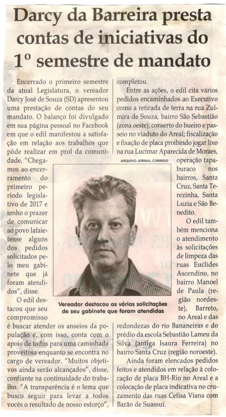 Darcy da Barreira presta contas de iniciativas do 1° semestre de mandato. Jornal Correio da Cidade, Conselheiro Lafaiete, 29 jul. 2017 a 04 ago. 2017, 1380ª ed., Caderno Política,p.4.