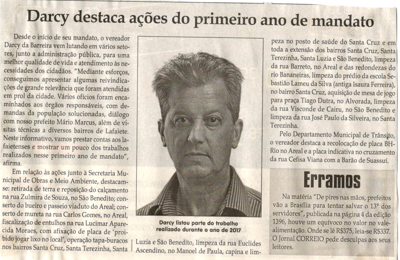 Darcy destaca ações do primeiro ano de mandato. Jornal Correio da Cidade, Conselheiro Lafaiete, 25 nov. 2017 a 01 dez. 2017, 1397ª ed., Caderno Política, p 04.