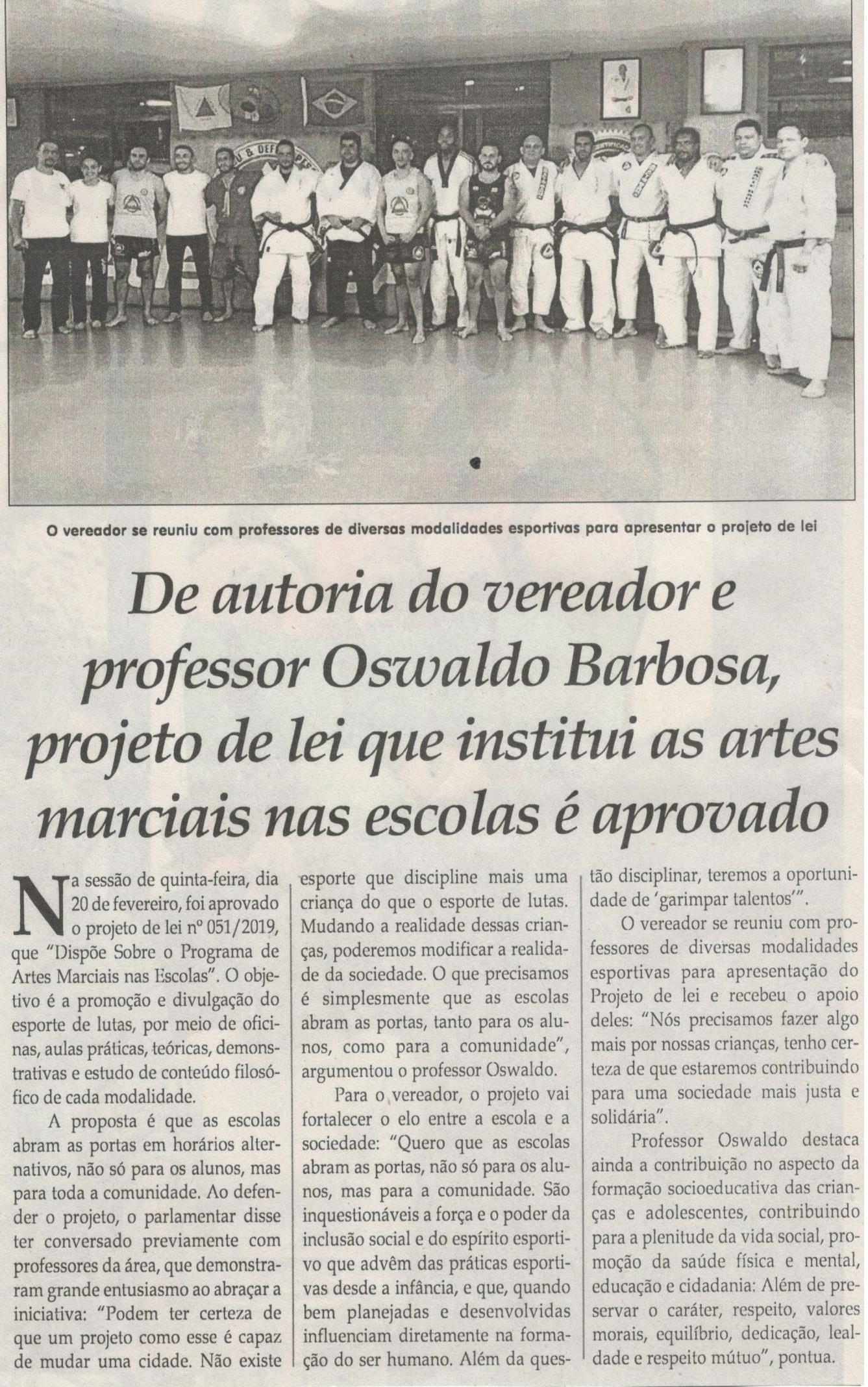 DE autoria do vereador e professor Oswaldo Barbosa, projeto de lei que institui as artes marciais nas escolas é aprovado. Jornal Correio da Cidade, Conselheiro Lafaiete, 29 fev. a 06 mar. 2020. 1514ª ed. Caderno Política, p. 6.