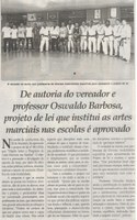 DE autoria do vereador e professor Oswaldo Barbosa, projeto de lei que institui as artes marciais nas escolas é aprovado. Jornal Correio da Cidade, Conselheiro Lafaiete, 29 fev. a 06 mar. 2020. 1514ª ed. Caderno Política, p. 6.