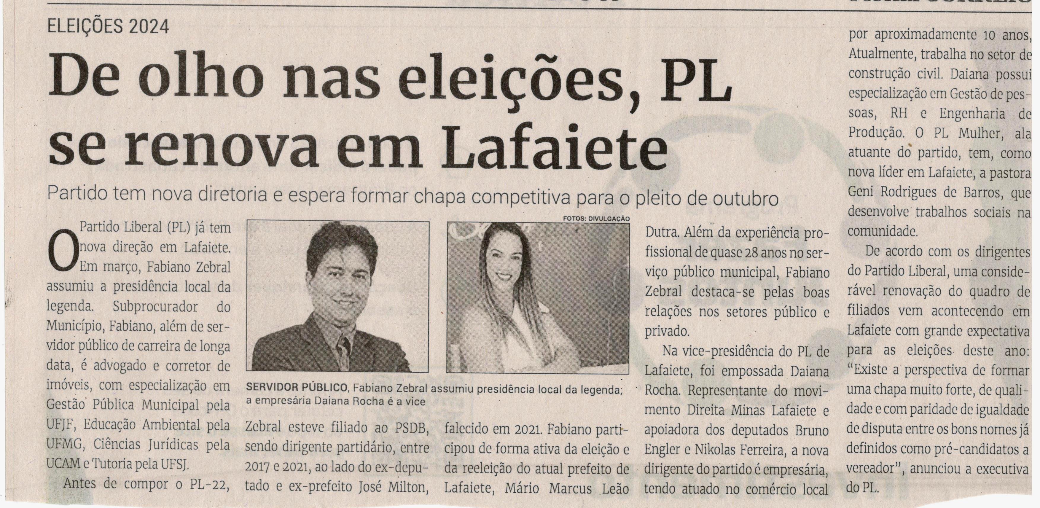 De olho nas eleições, PL se renova em Lafaiete. Jornal Correio da Cidade, Conselheiro Lafaiete de 13 a 19 de abr. de 2024, 1726ª ed., Política, p. 04.