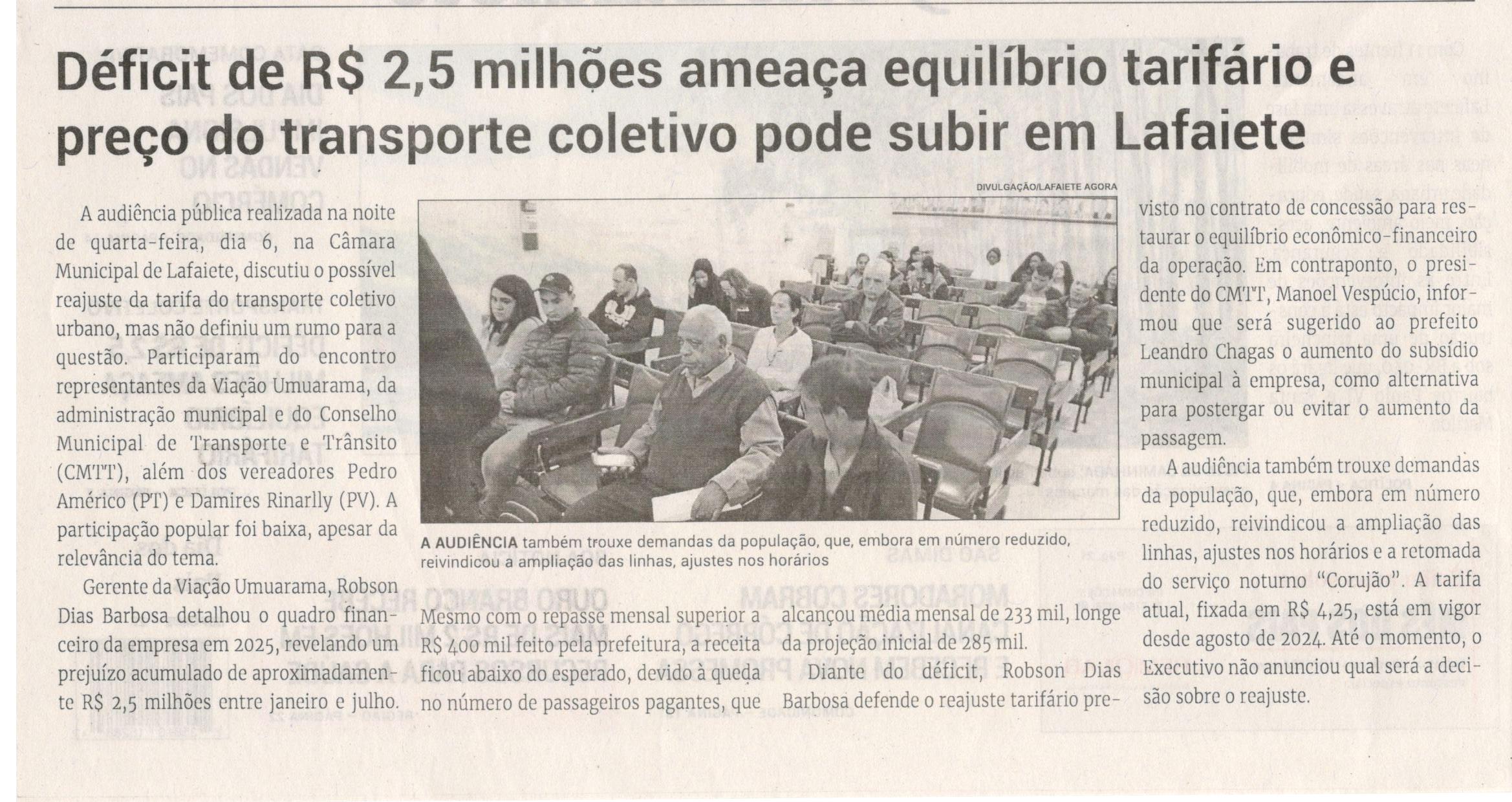 Déficit de R$ 2,5 milhões ameaça equilíbrio tarifário e preço do transporte coletivo pode subir em Lafaiete. Jornal Correio da Cidade, Conselheiro Lafaiete, 09 a 15 ago. 2025, 1791ª ed., Política, p. 2.