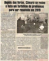 Depois das férias, Câmara se reúne e lista um turbilhão de problemas para ser resolvido em 2019. Jornal Correio da Cidade, 09 fev. 2019 a 15 fev. 2019. 1460ª ed., Caderno Política, p. 2.