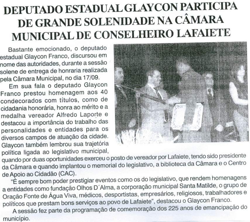  Deputado Estadual Glaycon participa de grande solenidade na Câmara Municipal de Conselheiro Lafaiete, Jornal Gazeta, 26 set. 2015, 855ª ed., ano XVIII, Gerais, p. A2.