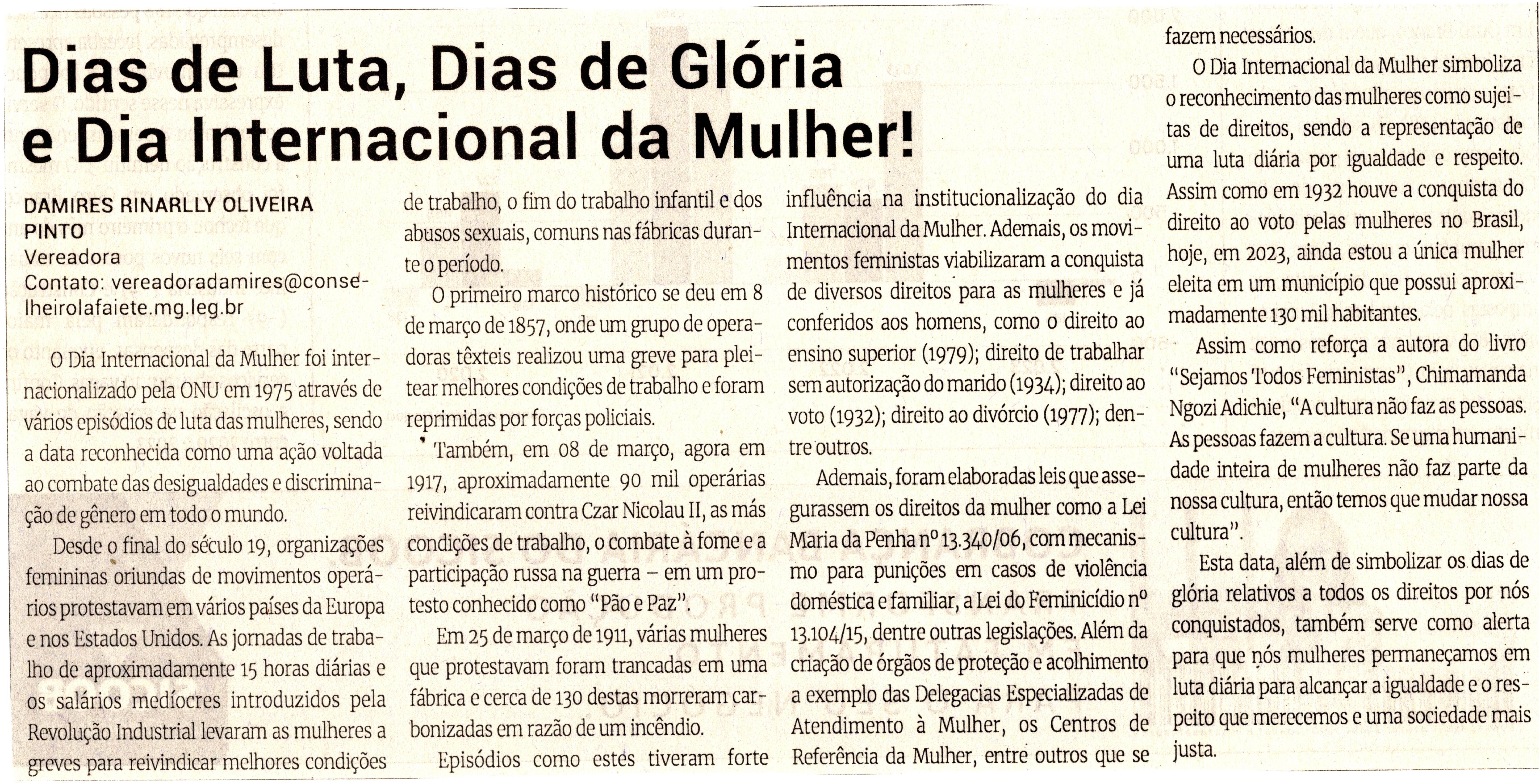 Dias de Luta, Dias de Glória e Dia Internacional da Mulher! Jornal Correio da Cidade, Conselheiro Lafaiete de 18 a 24 de mar. de 2023, 1671ª ed. Caderno Opinião, p.7.