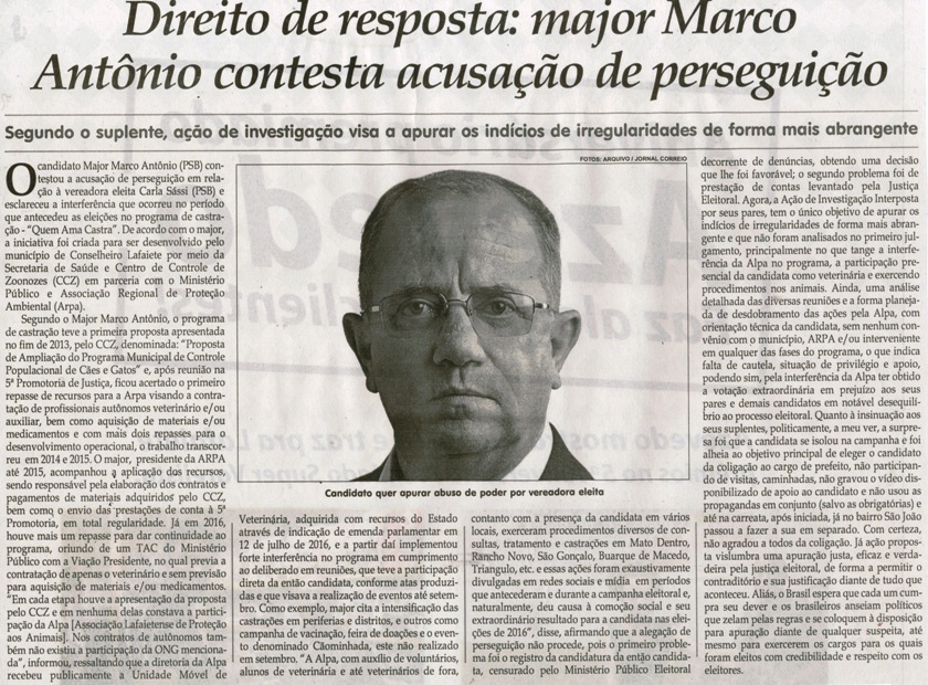 Direito de resposta major Marco Antônio contesta acusação de perseguição. Jornal Correio da Cidade, Conselheiro Lafaiete, 03 a 09 dez. 2016, 1346ª ed., Caderno Política, p.6.