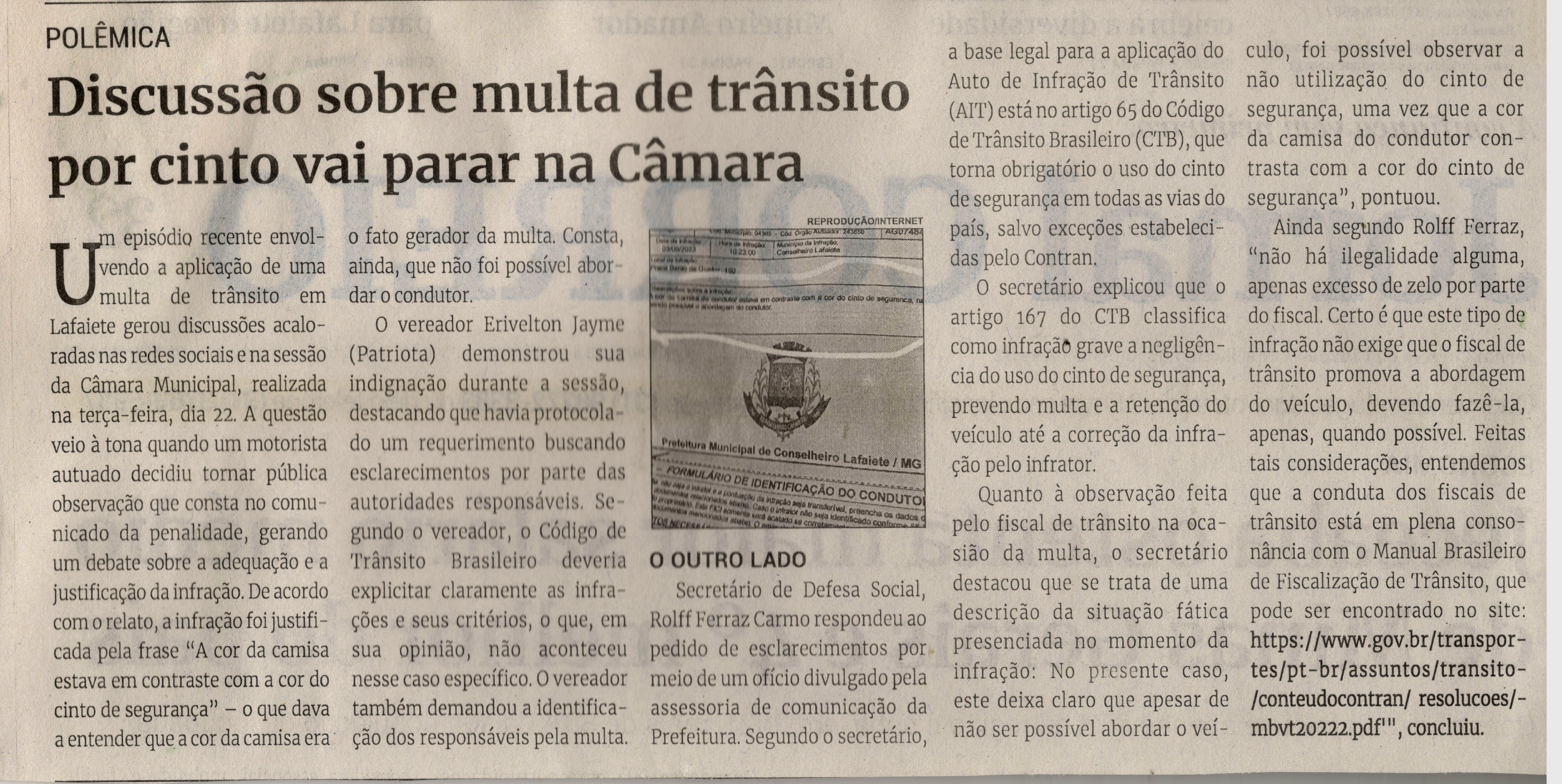 Discussão sobre multa de trânsito por cinto vai parar na Câmara. Jornal Correio da Cidade, Conselheiro Lafaiete de 26 a 01 de set. de 2023, 1694ª ed., Política, p. 2.