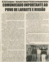 Dr. Ivar Cerqueira Vereador  e Diretor Técnico do Hospital Queluz Comunicado importante  ao povo de Lafaiete e região. Jornal Nova Gazeta, Conselheiro Lafaiete, 18 mar. 2006, 404ª ed., p. 17.