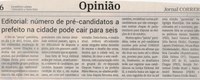 Editorial: número de  pré-candidatos a prefeito na cidade pode cair para seis. Jornal Correio da Cidade, Conselheiro Lafaiete de 13 a 19 de abr. de 2024, 1726ª ed., Opinião, p. 06.