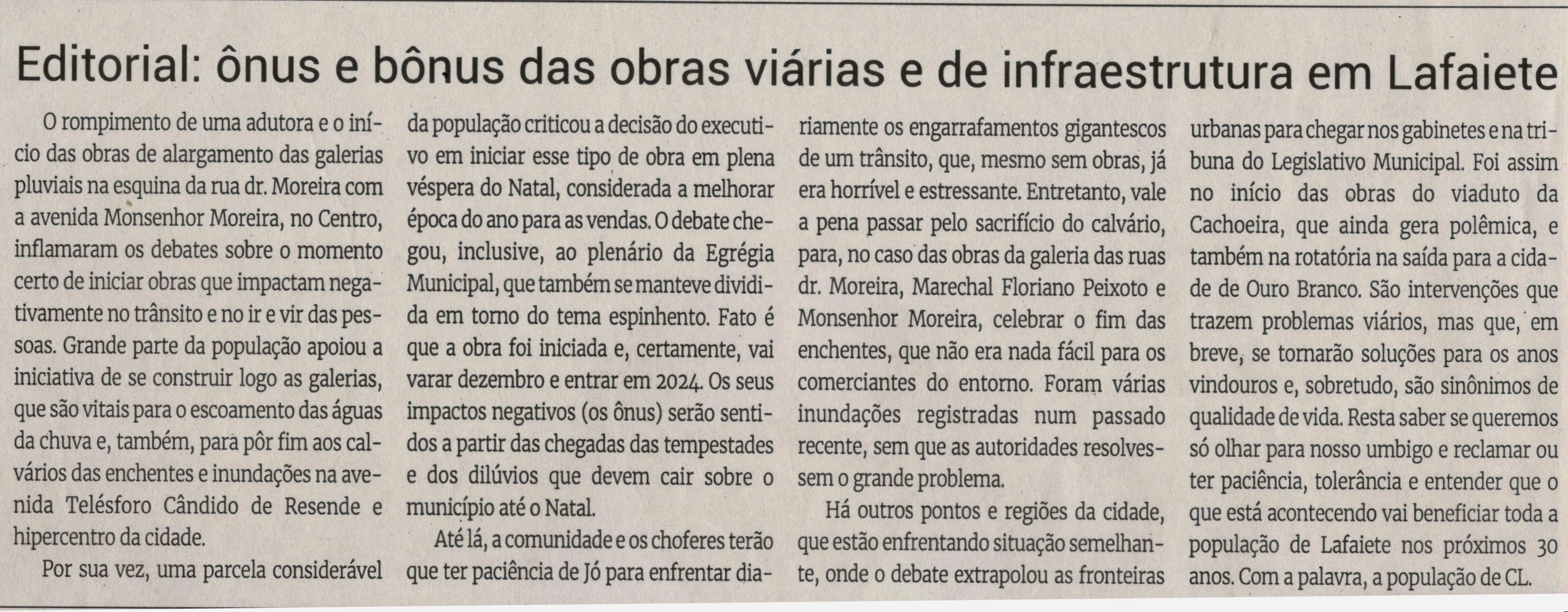 Editorial: ônus e bônus das obras viárias e de infraestrutura em Lafaiete. Jornal Correio da Cidade, Conselheiro Lafaiete de 18 a 24 de nov. de 2023, 1706ª ed., Opinião, p. 06.