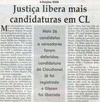 Eleições 2008: justiça libera mais candidaturas em CL: mais 26 candidados a vereadores foram deferidos;candidatura de Claudinei já foi registrada e Glycon foi liberado. Jornal Correio da Cidade, 26 jul. 2008, p. 04.