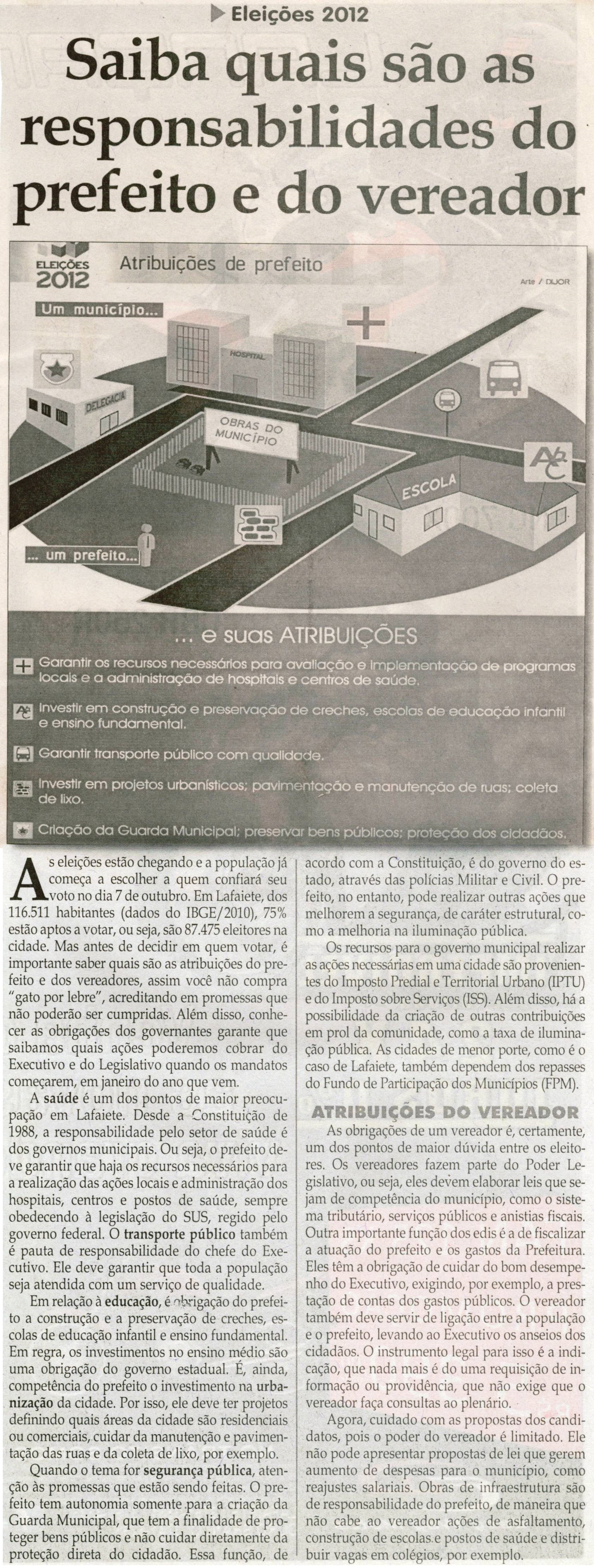 Eleições 2012: saiba quais são as responsabilidades do prefeito e do vereador. Jornal Correio da Cidade, Conselheiro Lafaiete, 08 set. 2012, 1128ª, p. 28.