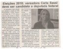 Eleições 2018: vereadora Carla Sassi deve ser candidata a deputada federal. Jornal Expressão Regional, Conselheiro Lafaiete ,14 abr. 2018 a 20 abr. 2018, 526ª ed., p. 5