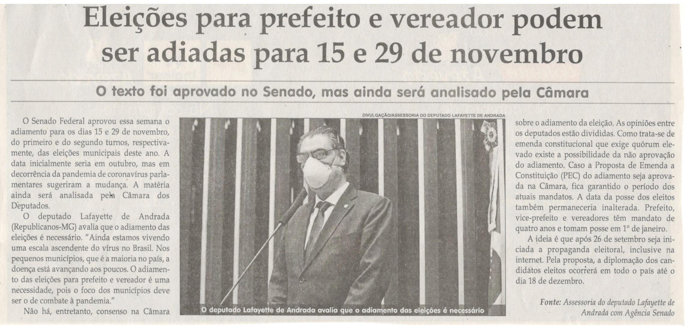 ELEIÇÕES para prefeito e vereador podem ser adiadas para 15 e 29 de novembro, Jornal Correio da Cidade, Conselheiro Lafaiete, 27  jun 2020, ed. 1531, Caderno Política, p. 6