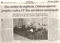 Em caráter de urgência, Câmara aprova projeto e salva 13° dos servidores municipais. Jornal Correio da Cidade, Conselheiro Lafaiete, 23 dez. 2017 a 29 dez. 2017, 1401ª ed., Caderno Política, p 4.