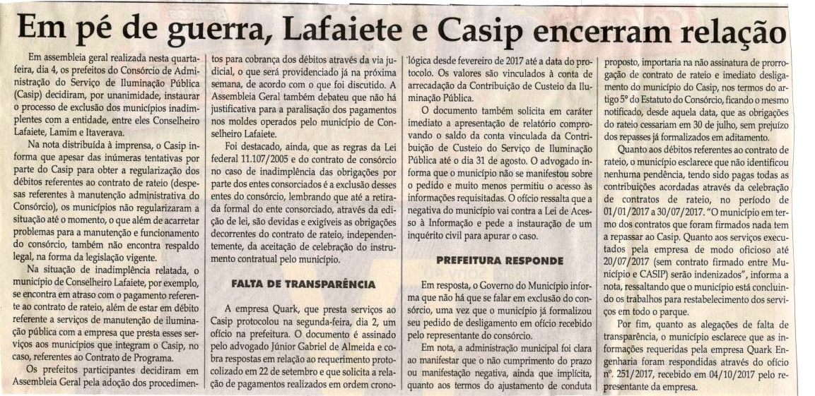 Em pé de guerra, Lafaiete e Casip encerram relação. Jornal Correio da Cidade, Conselheiro Lafaiete, 07 out. 2017 a 13 out. 2017, 1390ª ed., Caderno Política, p 6.