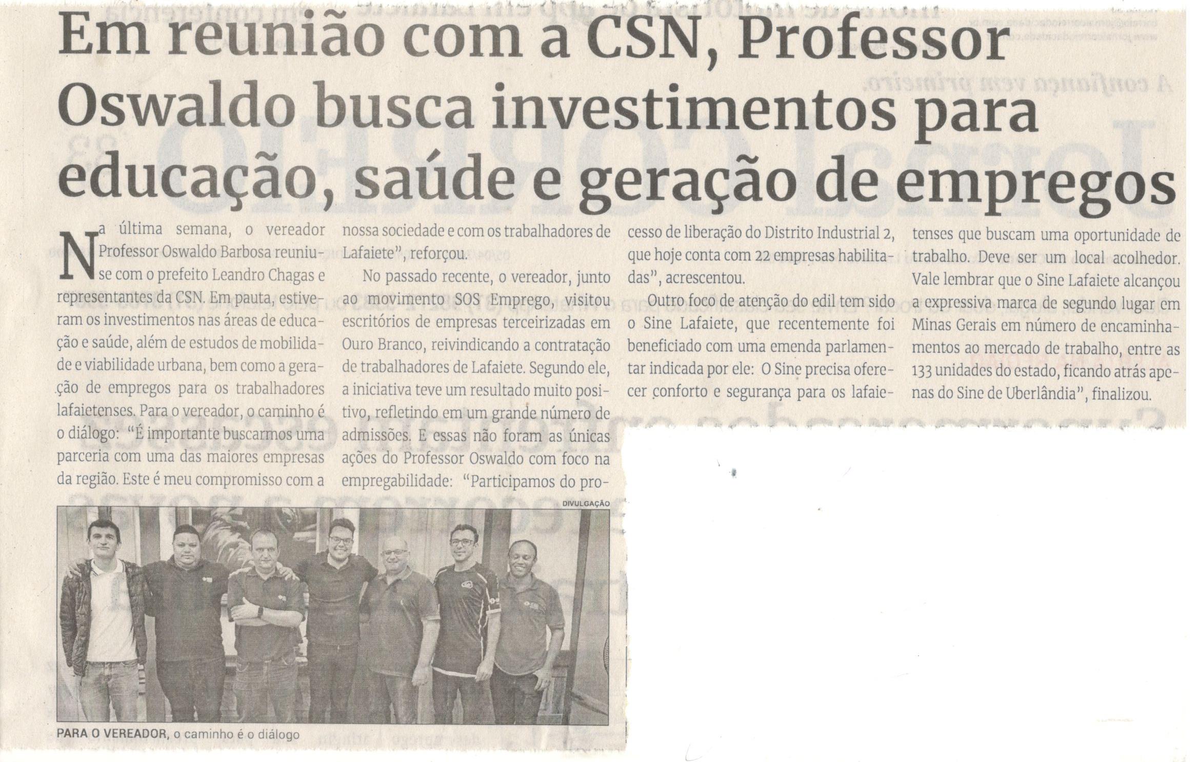Em reunião com a CSN, Professor Oswaldo busca investimentos para educação, saúde e geração de empregos. Jornal Correio da Cidade, Conselheiro Lafaiete, 05 a 11 abr. 2025, 1774ª ed., Política, p. 2.