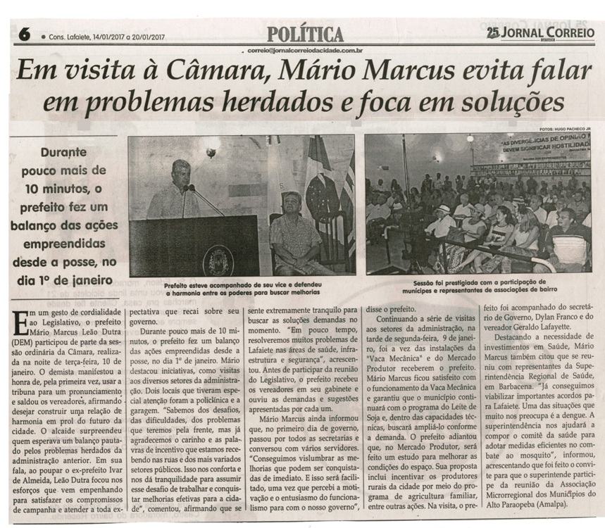 Em visita à Câmara, Mario Marcus evita falar em problemas herdados e foca em soluções. Jornal Correio da Cidade, Conselheiro Lafaiete, 14 jan. 2017 a 20 jan. 2017, 1352ª ed. Caderno Político, p. 6.