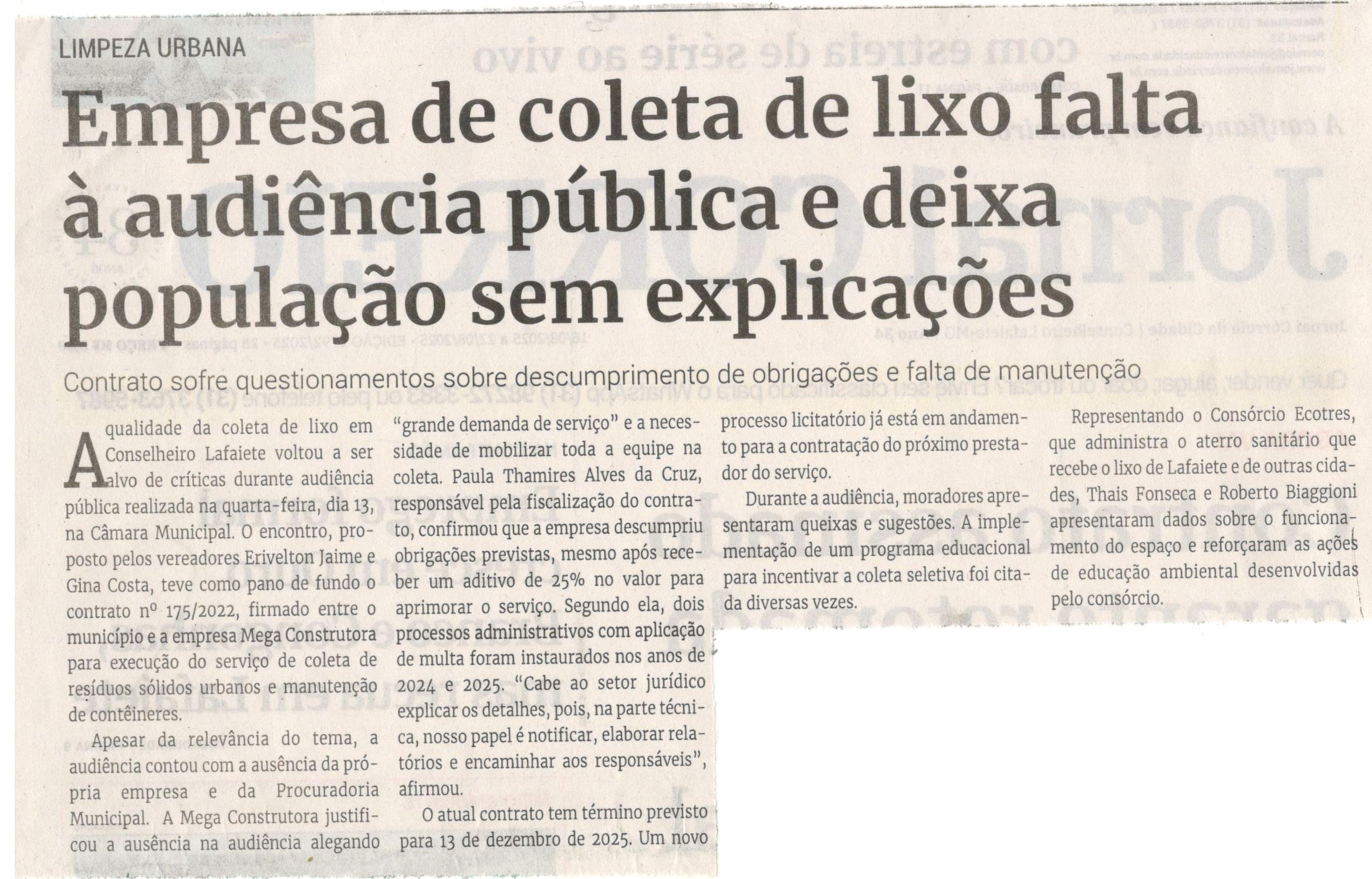 Empresa de coleta de lixo falta à audiência pública e deixa população sem explicações. Jornal Correio da Cidade, Conselheiro Lafaiete, 16 a 22 ago. 2025, 1792ª ed., Política, p. 2.