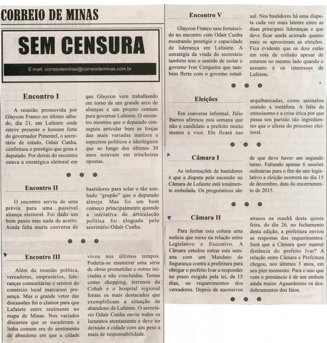 Encontro III, Câmara I, Câmara II. Correio de Minas, Conselheiro Lafaiete, 28 nov. 2015, 420ª ed. , Sem Censura, p.3