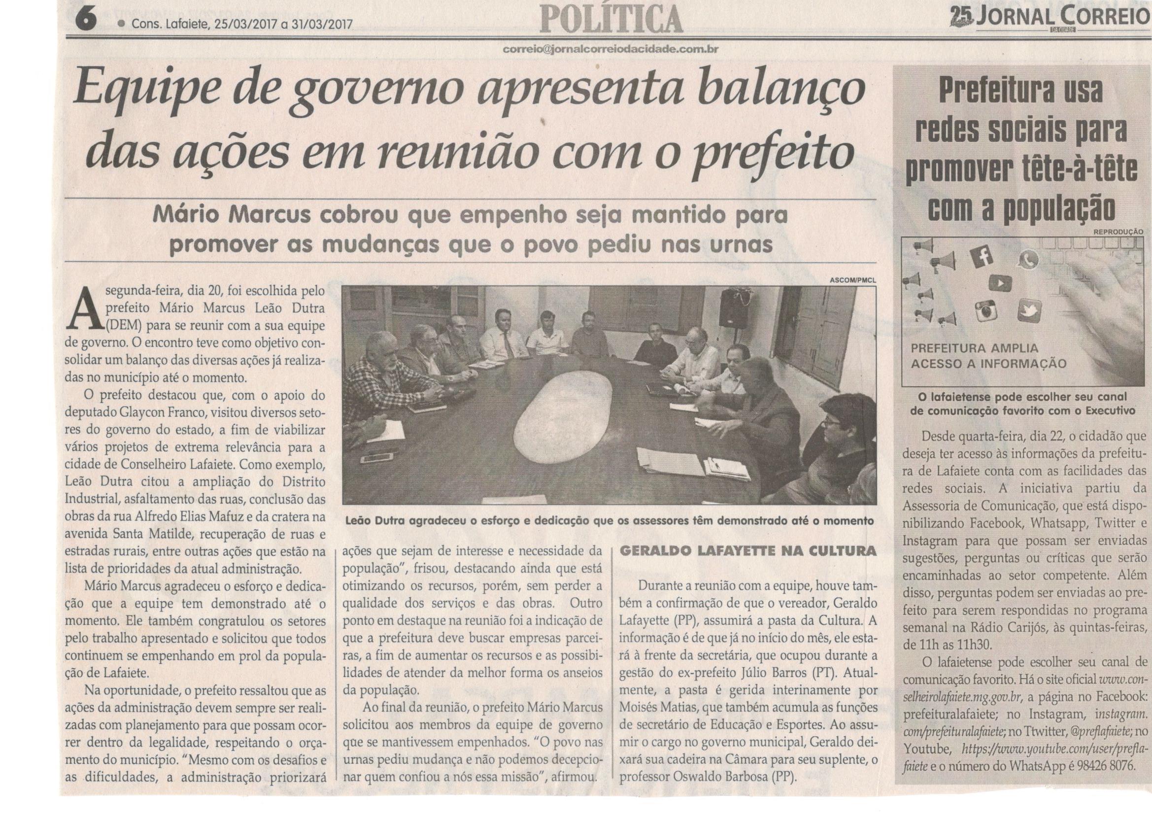 Equipe de governo apresenta balanço das ações em reunião com o prefeito. Jornal Correio da Cidade, Conselheiro Lafaiete, 25 mar. 2017 a 31 mar. 2017, 1362ª ed.,Caderno Político, p. 6.