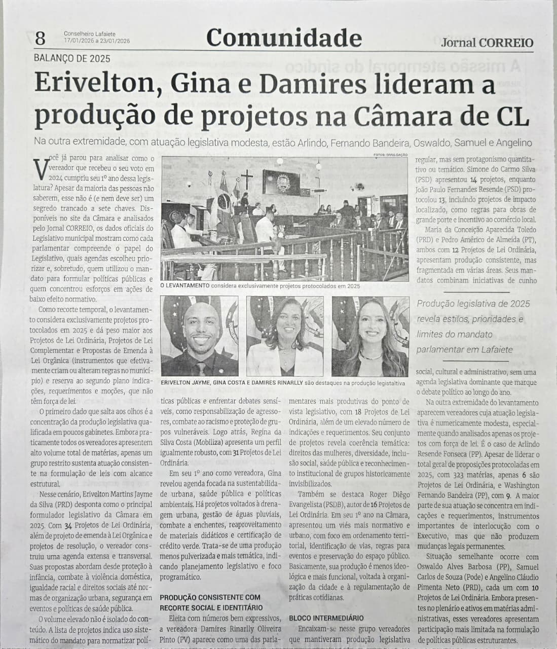 Erivelton, Gina e Damires lideram a produção de projetos na Câmara de CL. Jornal Correio da Cidade, Conselheiro Lafaiete, 17 a 23 jan. 2026, 1811ª ed., Comunidade, p. 8.