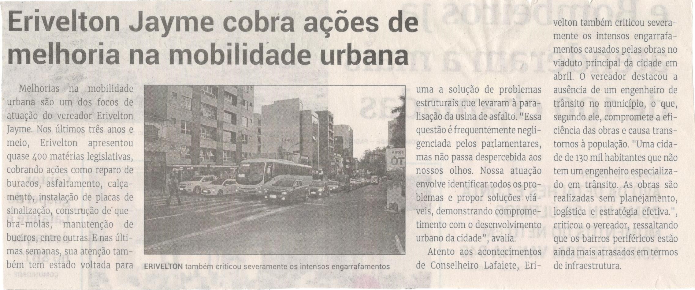 Erivelton Jayme cobra ações de melhoria na mobilidade urbana. Jornal Correio da Cidade, Conselheiro Lafaiete, 29 de jun. a 05 de jul. 2024, 1737ª ed., Política, p. 2.