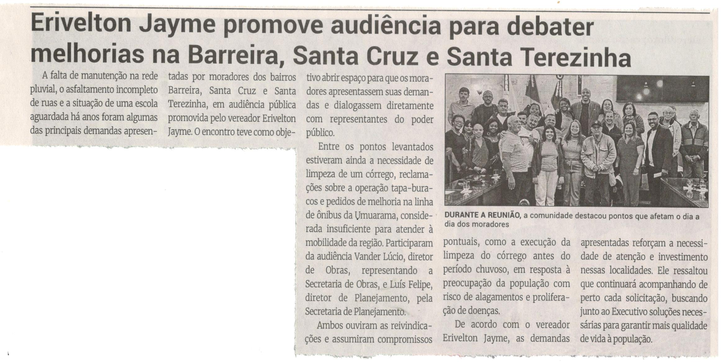 Erivelton Jayme promove audiência para debater melhorias na Barreira, Santa Cruz e Santa Terezinha. Jornal Correio da Cidade, Conselheiro Lafaiete, 27 set. a 3 out. 2025, 1798ª ed., Política, p. 4.