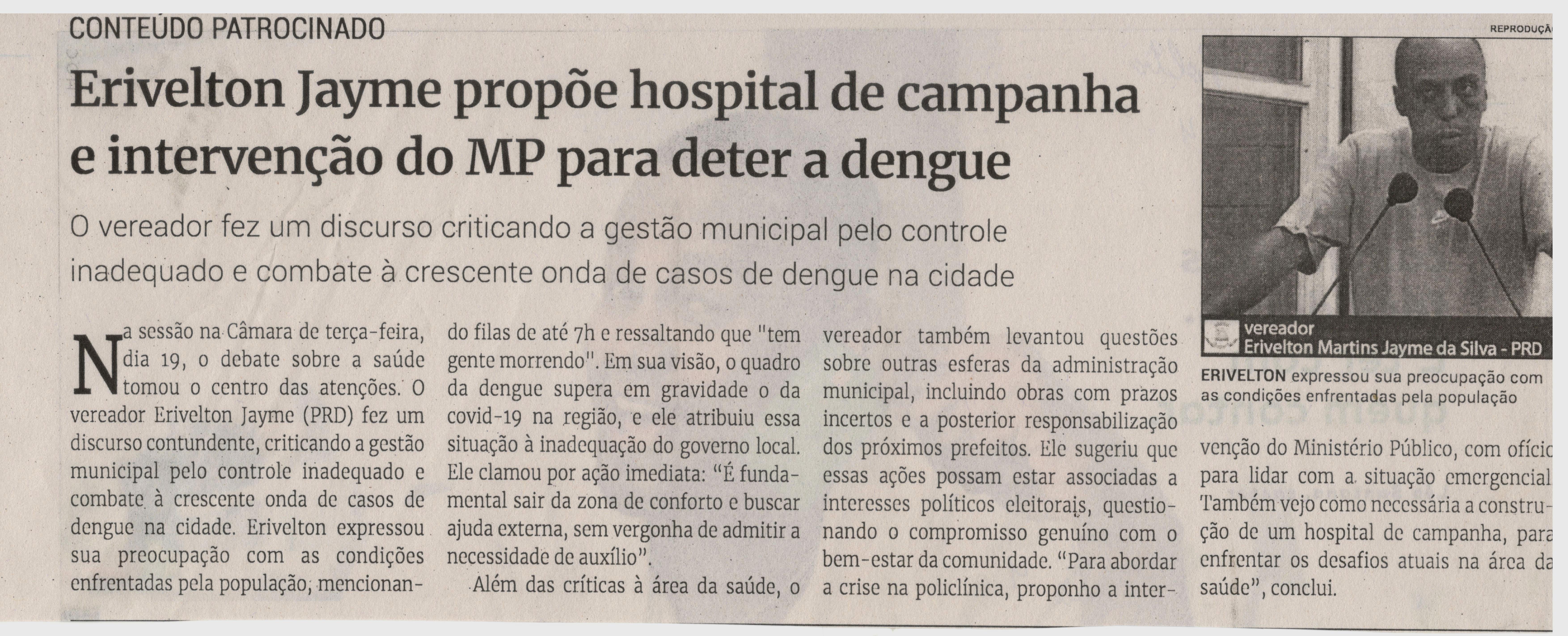 Erivelton Jayme propõe hospital de campanha e intervenção do MP para deter a dengue. Jornal Correio da Cidade, Conselheiro Lafaiete de 23 a 29 de mar. de 2024, 1723ª ed., Política, p. 04.