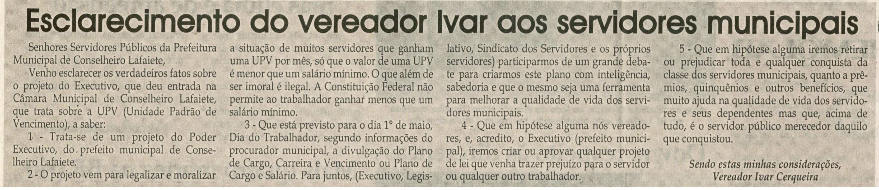 Esclarecimento do vereador Ivar aos servidores municipais. Jornal Correio da Cidade, Conselheiro Lafaiete, 28 mar. 2009, p. 02.